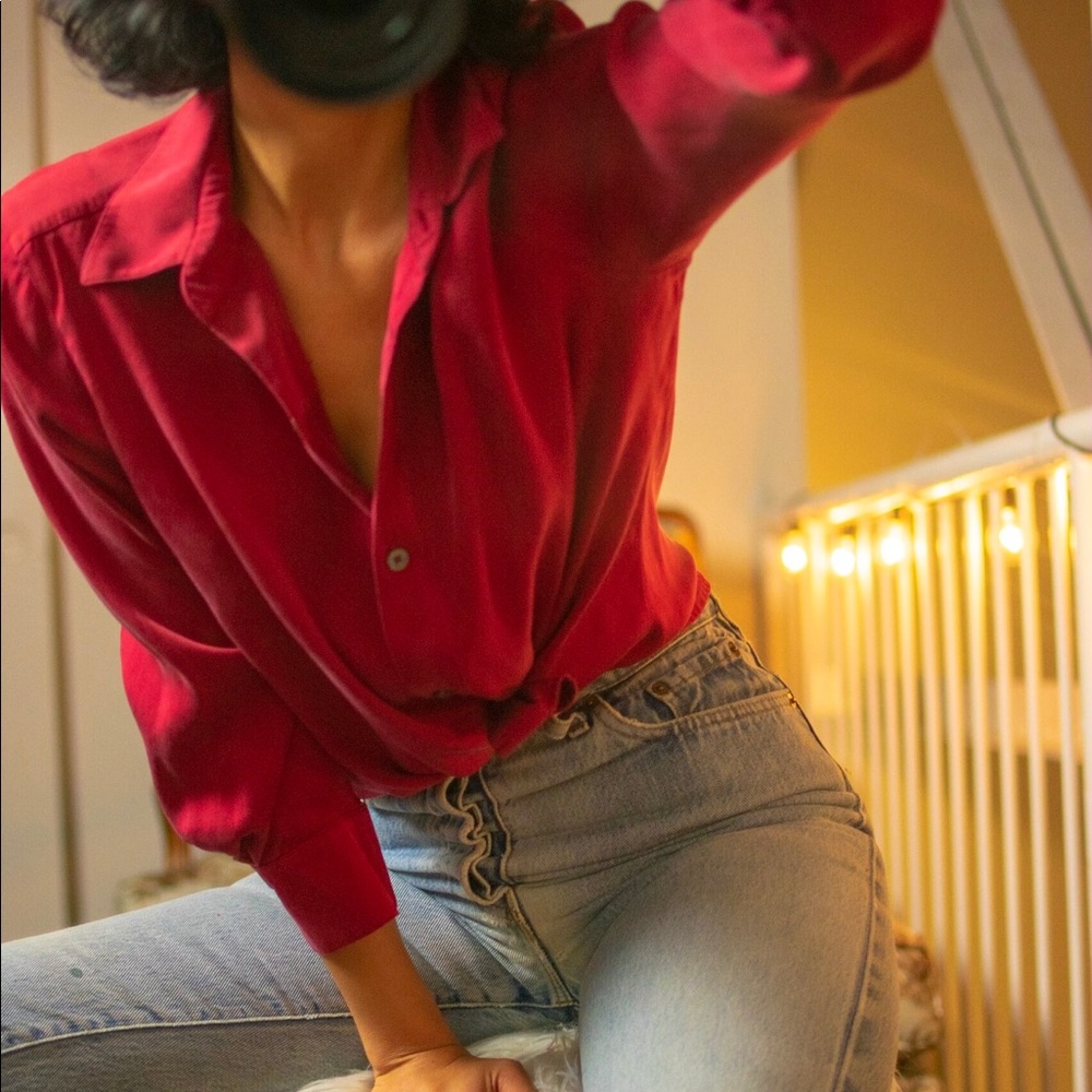 Vintage Red Silk Blouse 100% Silk Small